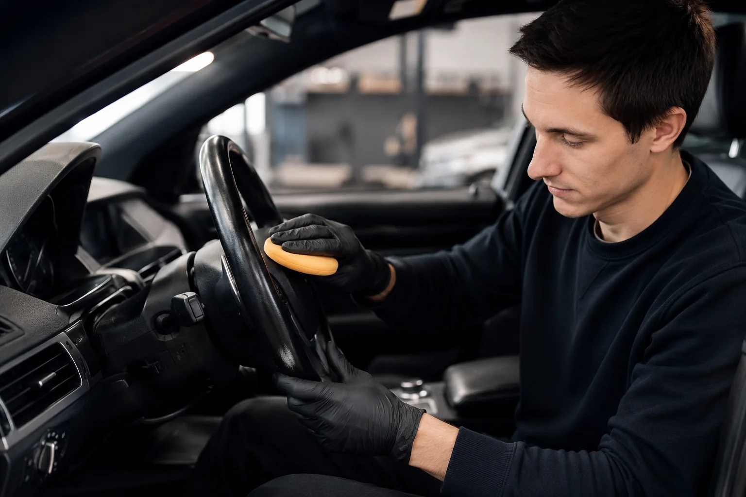 Detailer u rukavicama čisti volan i interijer automobila